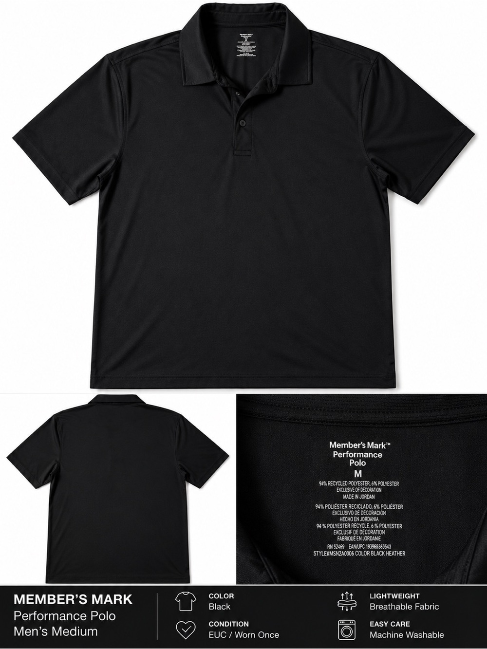 Member’s Mark Performance Polo Shirt Black Men’s Medium Stretch Golf EUC